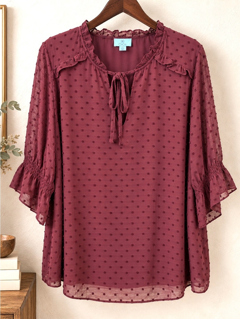 CeCe Burgundy Swiss Dot Ruffle Tie Neck Chiffon Blouse 2X